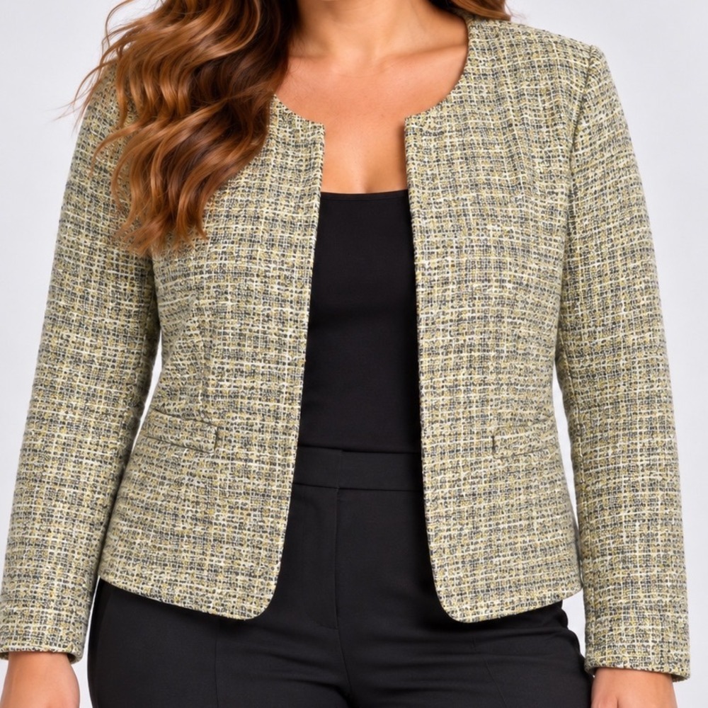 Kasper 8P Petite Yellow Black Tweed Blazer Open Front Textured Career Jacket